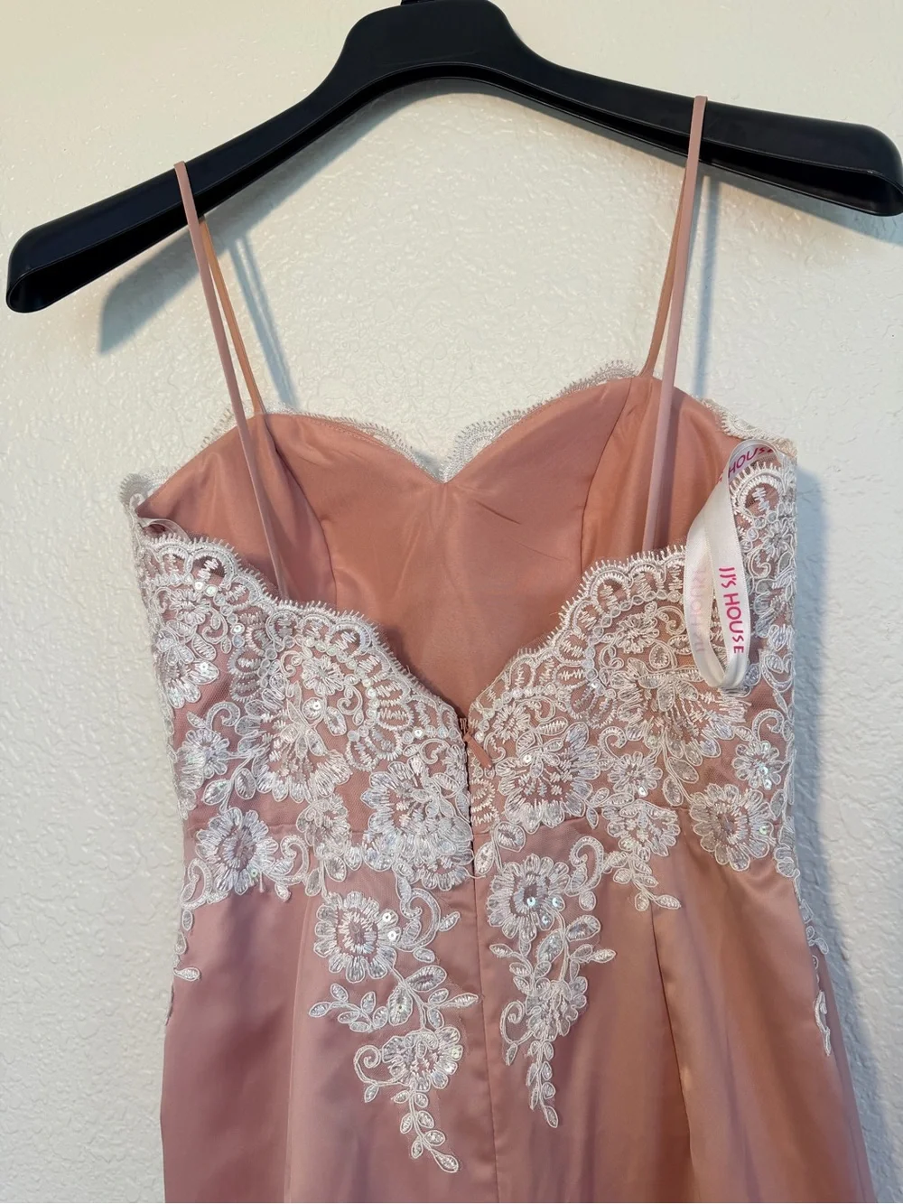 JJs House Blush Pink Lace Bodice Spaghetti Strap Evening Gown